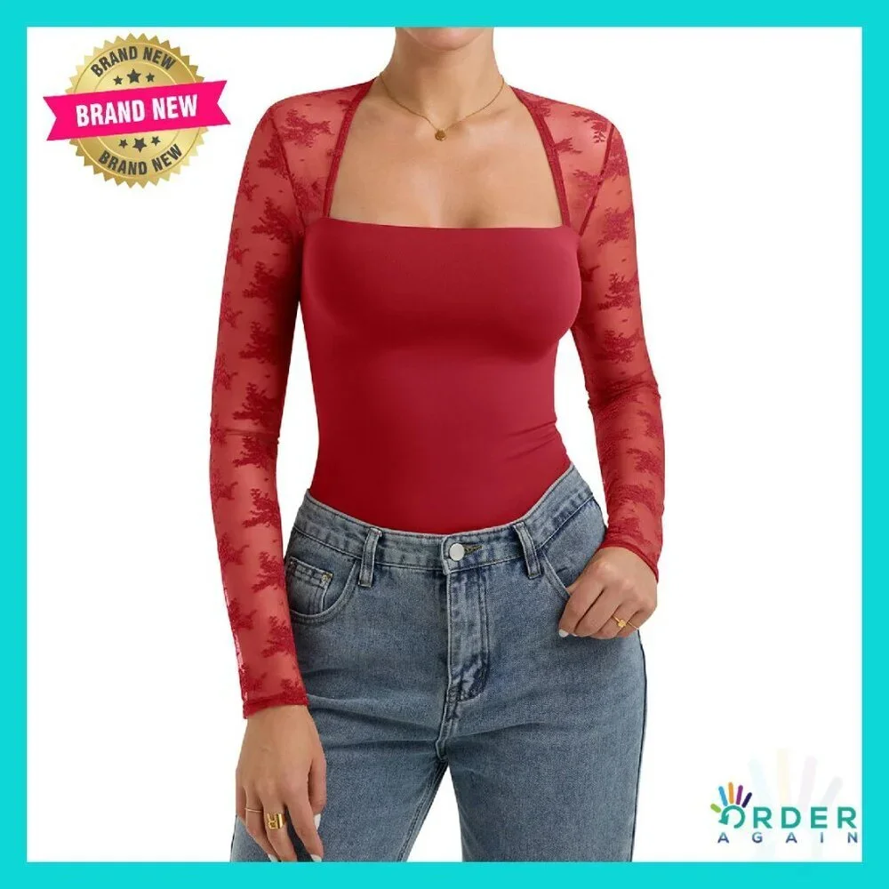 Square Neck Lace Long Sleeve Top Y2K Slim Fit Elegant Going Out Shirt